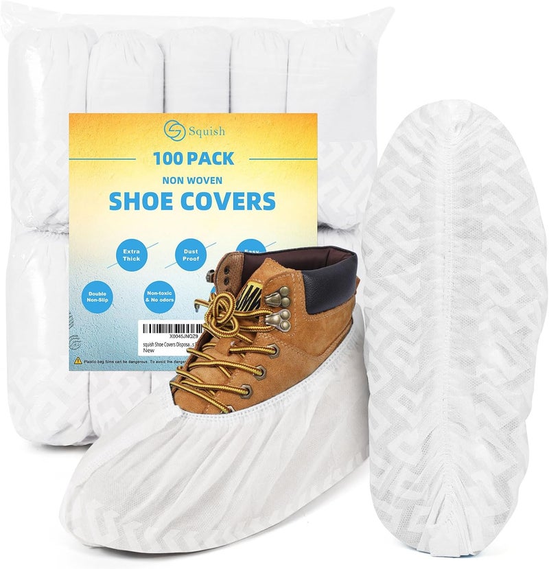 squish Shoe Covers Disposable Non Slip, 100 Pack(50 pairs) White Thick Extra Disposable Boot Covers Slip Proof Shoe Cover for Indoors Outdoors Durable Protector Covers Fits Virtually Most Shoes - Image 1